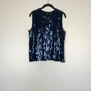 DKNY women’s blue long square sequins button closure silk tank top Size Medium